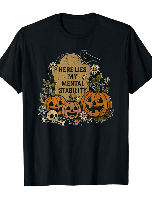 Men's Graphic T-Shirt Here Lies My Mental Stability Carved Pumpkin Lanterns With Daisies And Stone Tombstone