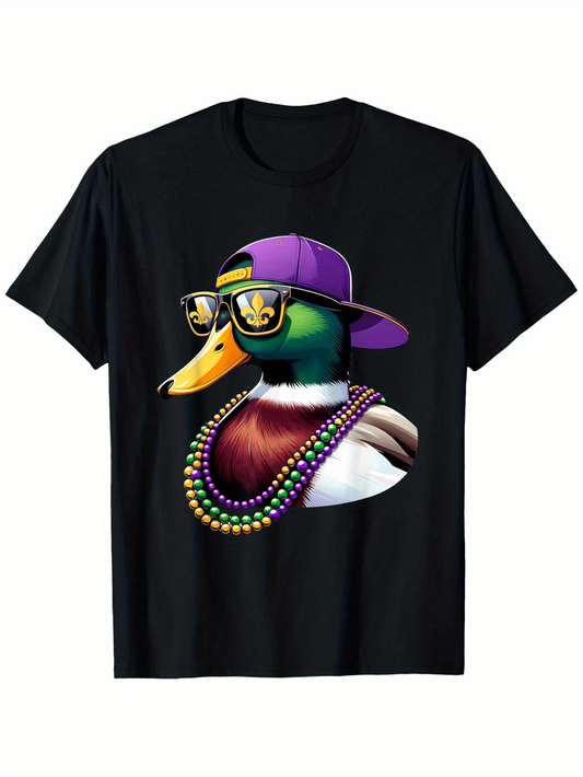 Men's Graphic T-Shirt Cool Duck With Sunglasses Purple Hat And Mardi Gras Beads
