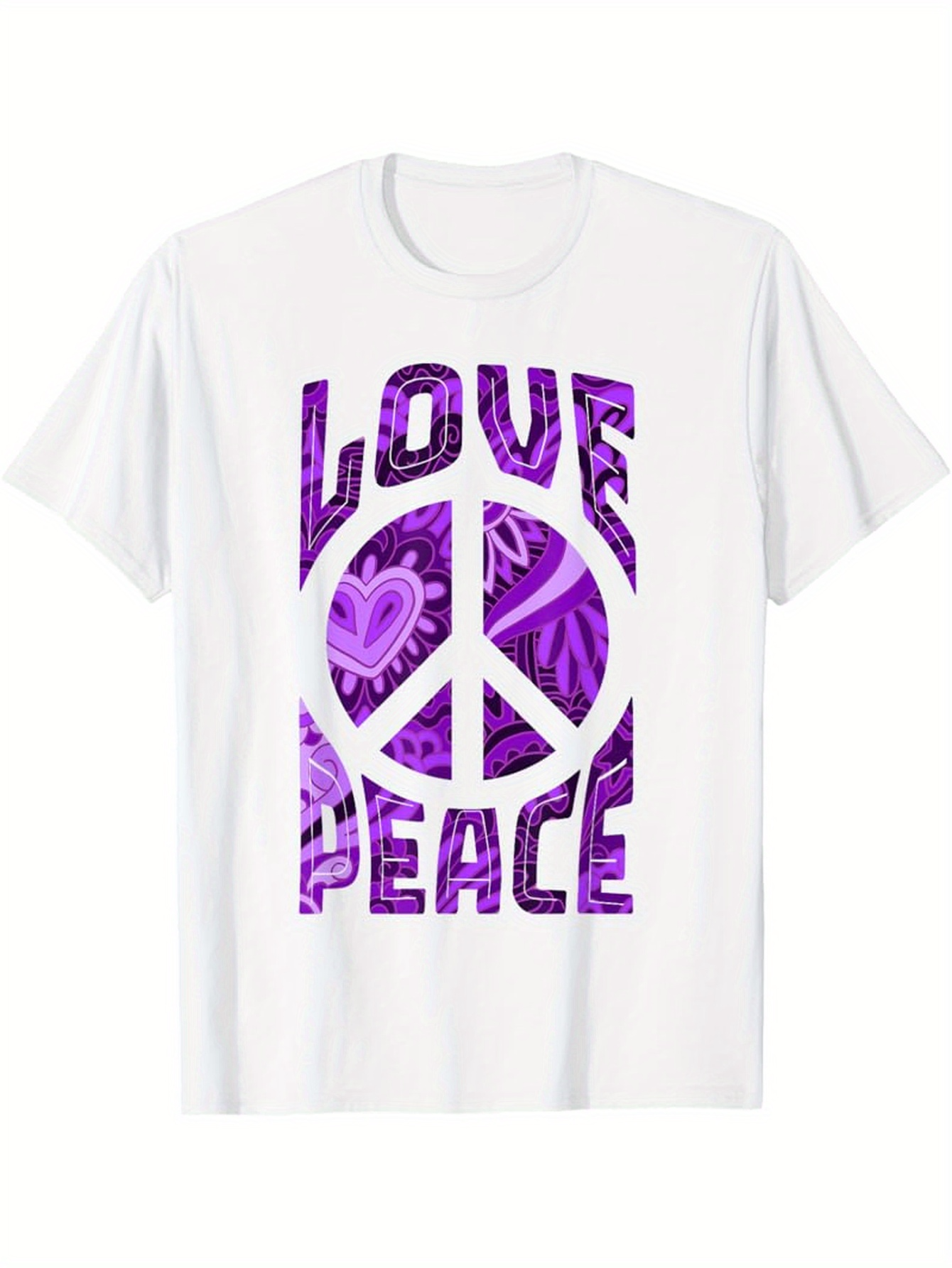 Men's Graphic T-Shirt Love Peace With Bold Purple Graffiti And Heartfilled Peace Symbol