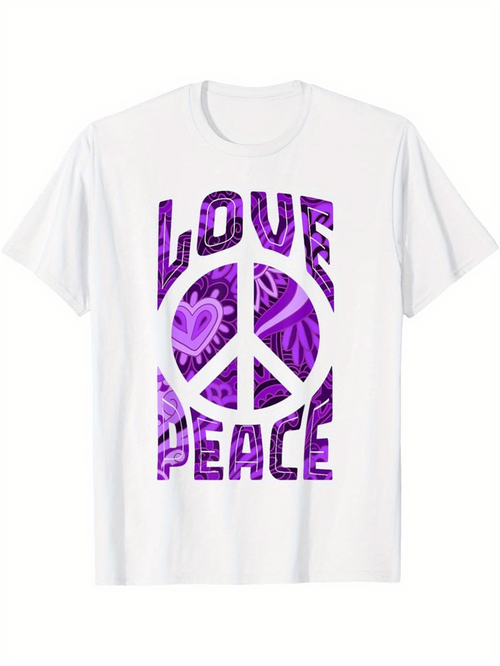 Men's Graphic T-Shirt Love Peace With Bold Purple Graffiti And Heartfilled Peace Symbol