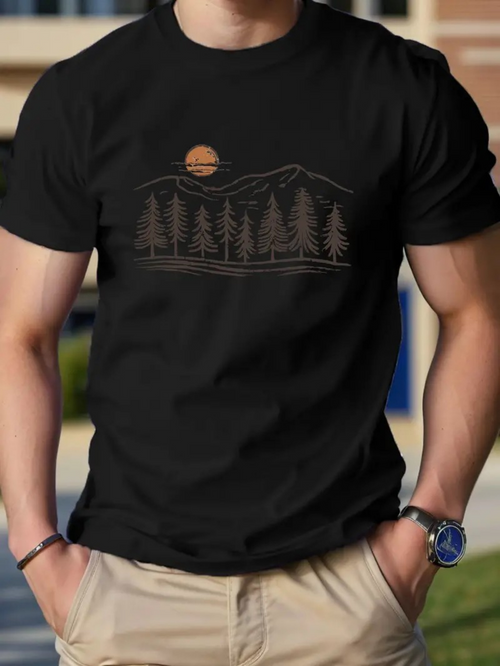 Men's Graphic T-Shirt Serene Sunset Among Pine Trees With Mountain Silhouette Landscape