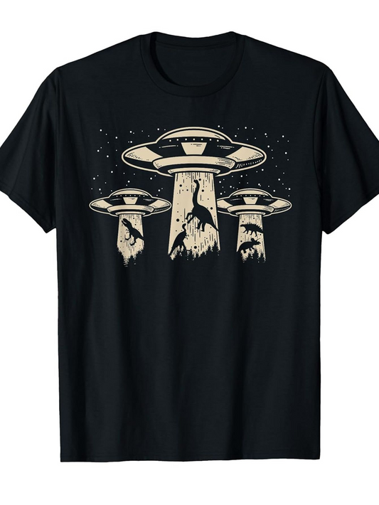 Men's Graphic T-Shirt Mysterious Night Sky With UFOs Beaming Light Over Grazing Cows
