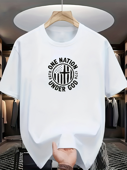 Men's Graphic T-Shirt One Nation Under God Black Modern Patriotic Lettering With Globe Emblem Typography Design