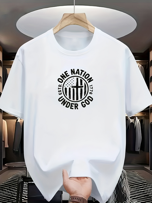 Men's Graphic T-Shirt One Nation Under God Black Modern Patriotic Lettering With Globe Emblem Typography Design