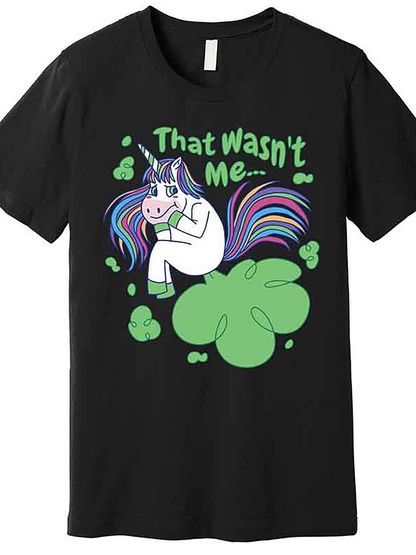 Men's Graphic T-Shirt That Wasnt Me Playful Unicorn With Colorful Mane And Clover Shaped Green Clouds