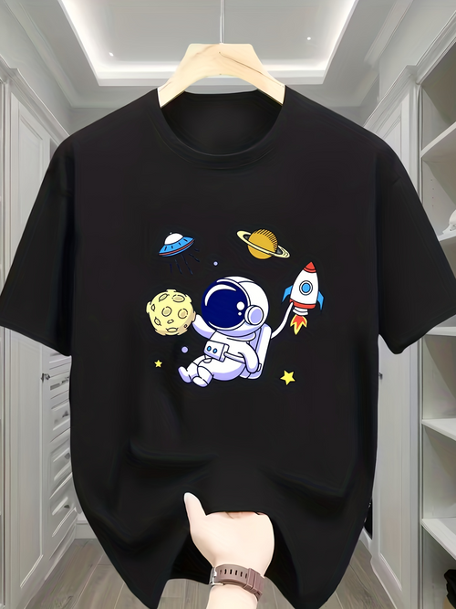 Men's Graphic T-Shirt Floating Cartoon Astronaut Surrounded By Planets Stars And Whimsical Spaceship