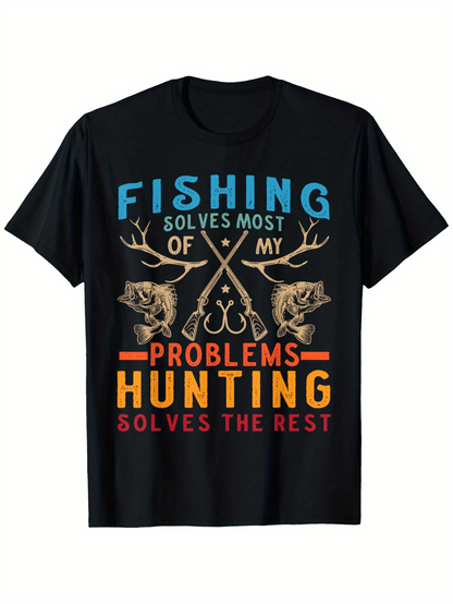 Men's Graphic T-Shirt Fishing And Hunting Solves Problems Among Antlers Skull And Hooks