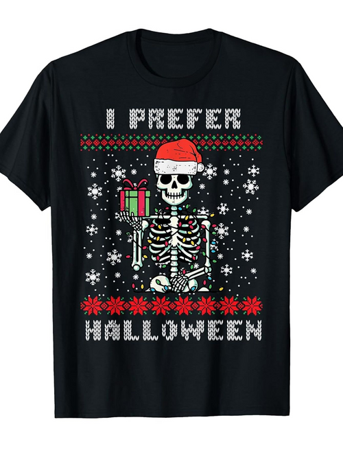 Men's Graphic T-Shirt I Prefer Halloween Grinning Skeleton Wearing Santa Hat With Presents And Falling Snowflakes