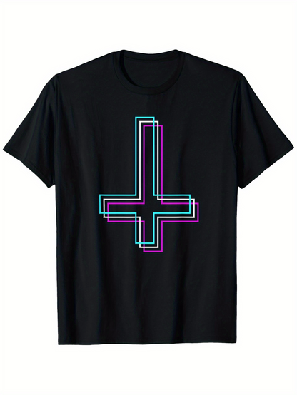 Men's Graphic T-Shirt Neon Outlined Inverted Cross Glowing In Blacklight Against Deep Black Background Cross