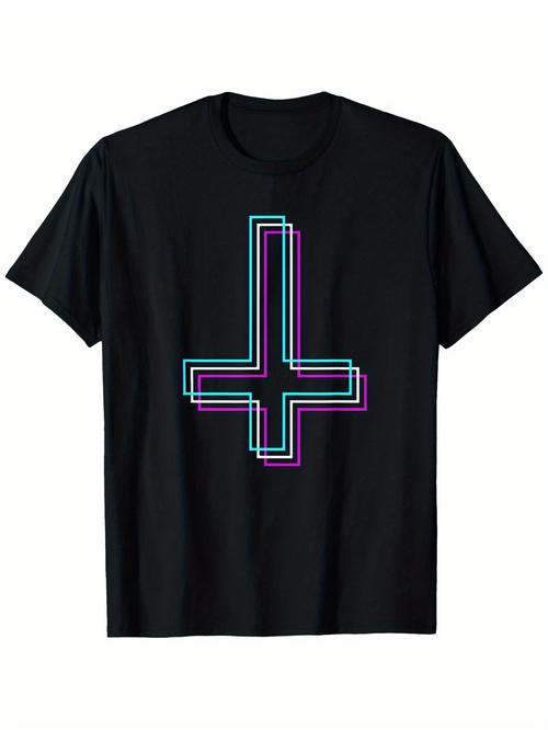 Men's Graphic T-Shirt Neon Outlined Inverted Cross Glowing In Blacklight Against Deep Black Background Cross