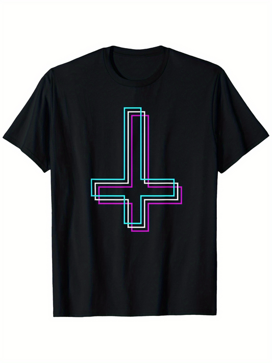 Men's Graphic T-Shirt Neon Outlined Inverted Cross Glowing In Blacklight Against Deep Black Background Cross