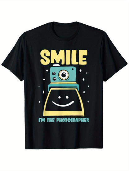 Men's Graphic T-Shirt Smile With Cheerful Cartoon Camera And Playful Graphic Elements