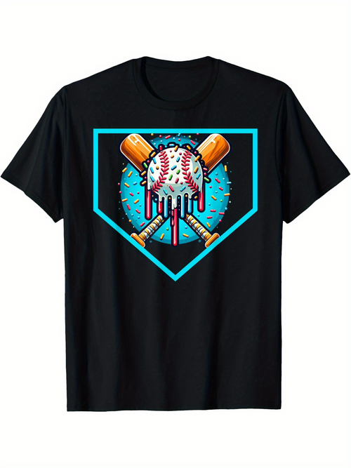 Men's Graphic T-Shirt Icy Splash With Dripping Baseball Surrounded By Wooden Bats Home Plate