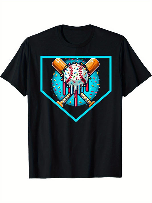 Men's Graphic T-Shirt Icy Splash With Dripping Baseball Surrounded By Wooden Bats Home Plate