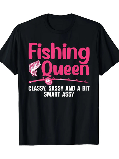 Men's Graphic T-Shirt Fishing Queen With Playful Pink Lettering And Jumping Fish Graphic