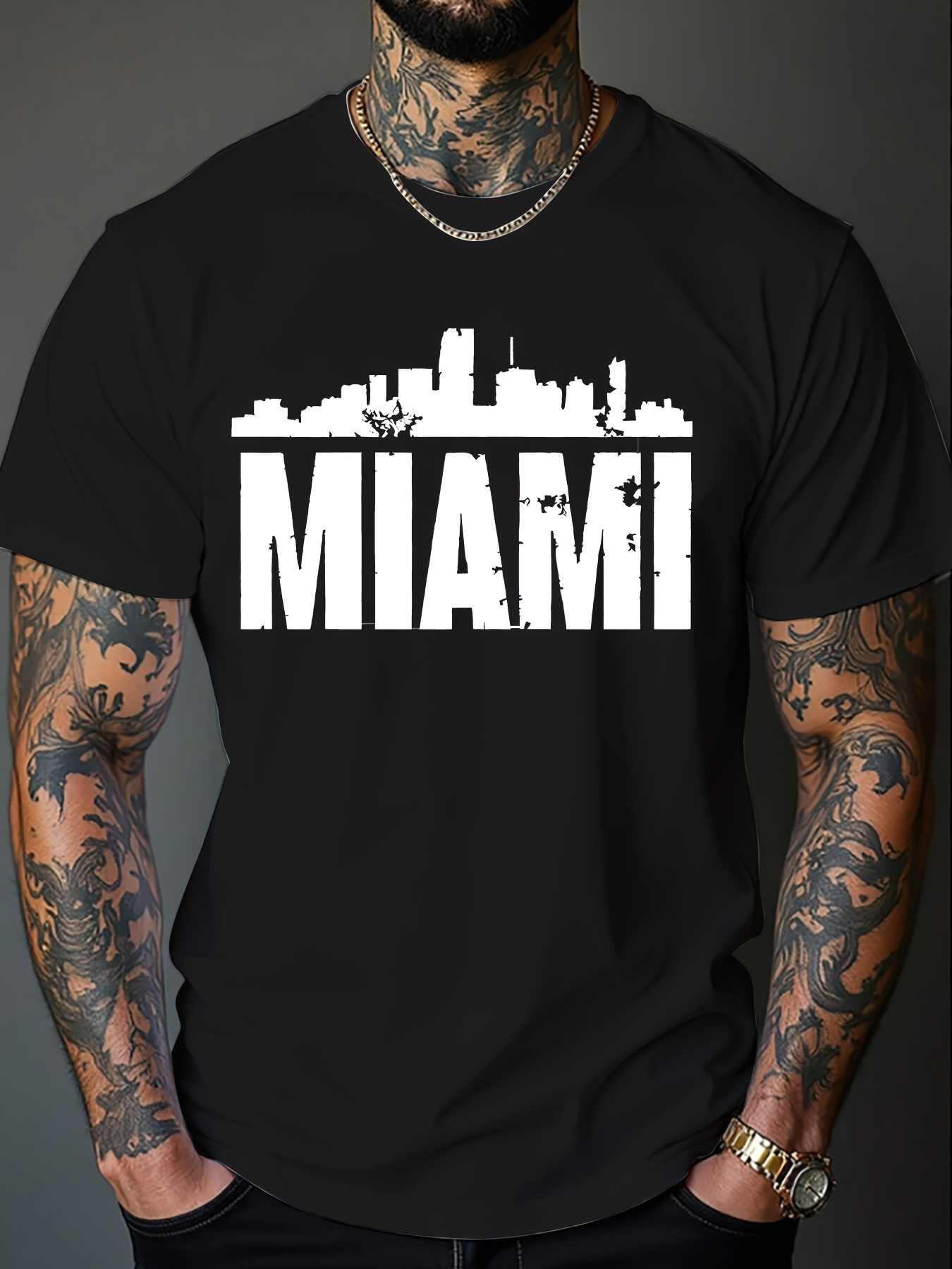 Men's Graphic T-Shirt Miami Urban Skyline Silhouette With City Buildings Above Bold Letters