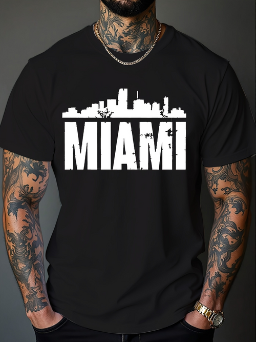 Men's Graphic T-Shirt Miami Urban Skyline Silhouette With City Buildings Above Bold Letters