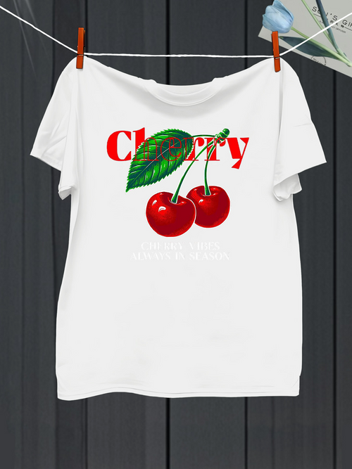 Men's Graphic T-Shirt Cherry Red Letters With Green Leaf Featuring Juicy Double Fruit Cherry
