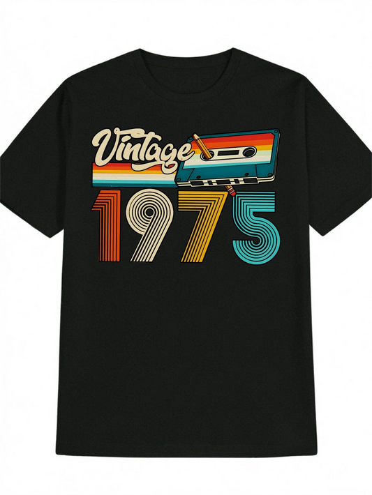 Men's Graphic T-Shirt Vintage Multicolor Striped Numbers With Retro Cassette Tape