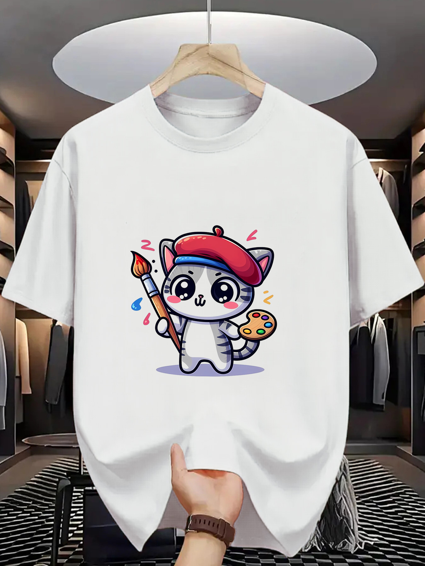 Men's Graphic T-Shirt Adorable Painter Cat Holding Colorful Palette Under Studio Lights Cat