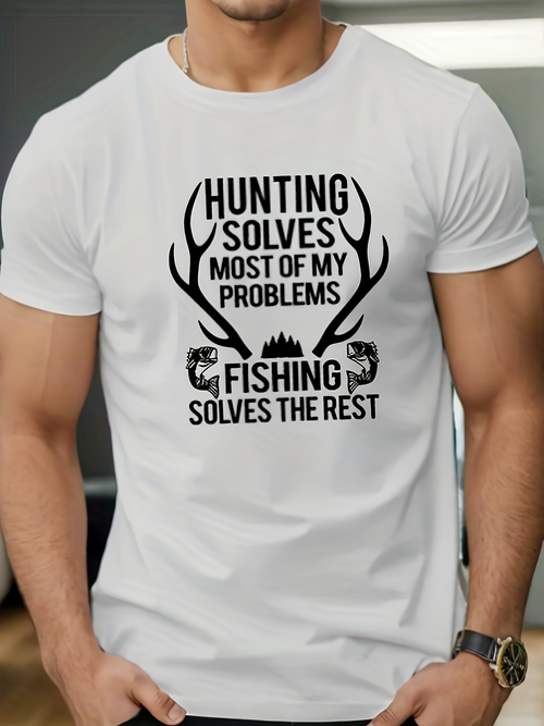 Men's Graphic T-Shirt Hunting Solves Most Of My Problems Wild Antlers And Mountains With Two Fishing Fish