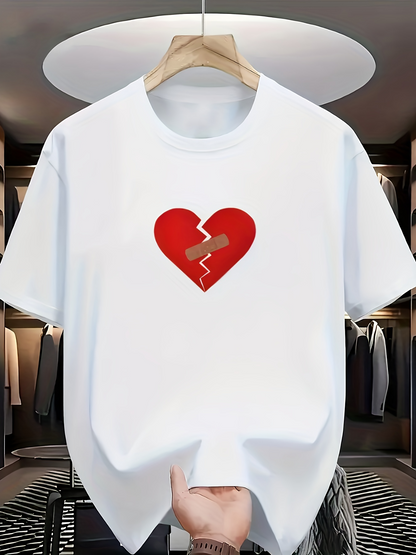 Men's Graphic T-Shirt Red Broken Heart With Bandage In Minimalist Style Surrounded By White Background Heart