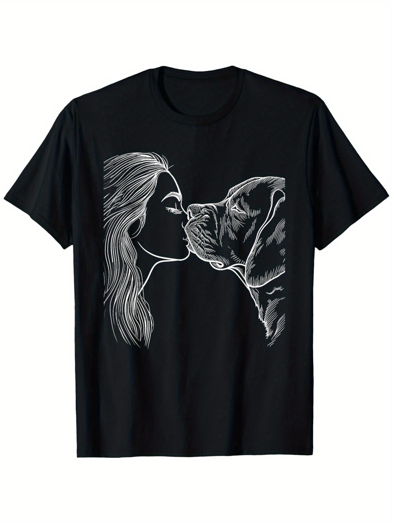Men's Graphic T-Shirt Outlined Portrait With Woman Kissing A Gentle Loyal Dog