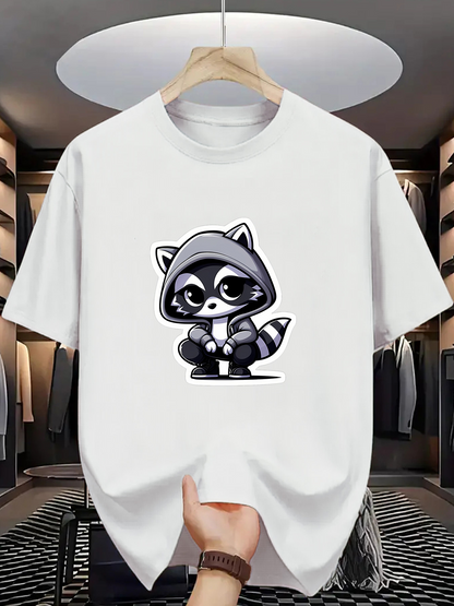 Men's Graphic T-Shirt Playful Black Hoodie Cartoon Raccoon In Monochrome On White Shirt Raccoon