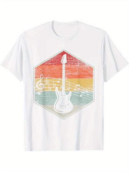 Men's Graphic T-Shirt Colorful Retro Sunrise With Musical Notes And Electric Guitar