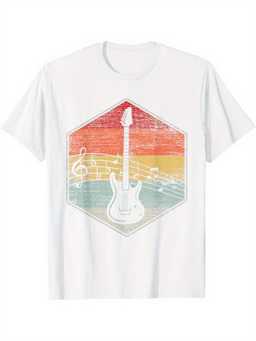 Men's Graphic T-Shirt Colorful Retro Sunrise With Musical Notes And Electric Guitar