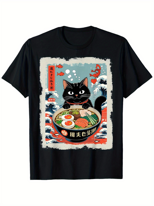Men's Graphic T-Shirt Playful Black Cat With Ramen Bowl Surrounded By Waves And Fish