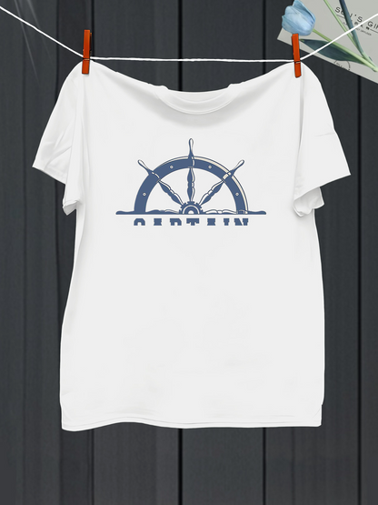 Men's Graphic T-Shirt Blue Marine Steering Wheel With Subtle Shadow Nautical White Helm