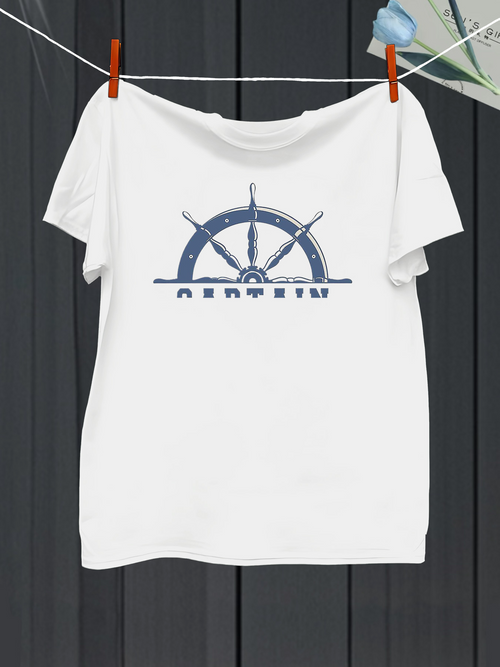 Men's Graphic T-Shirt Blue Marine Steering Wheel With Subtle Shadow Nautical White Helm