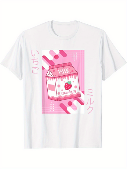 Men's Graphic T-Shirt Strawberry Milk Cartoon With Playful Pink Design Featuring Milk Carton