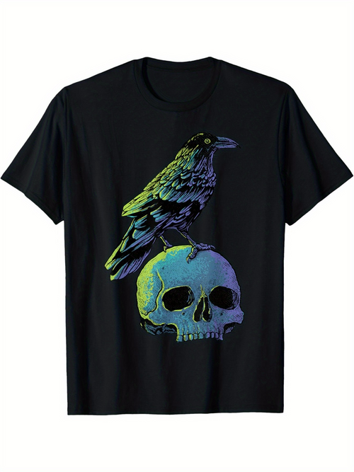 Men's Graphic T-Shirt Dark Crow Perched On Luminous Skull Under Mysterious Shadows Artwork Skull
