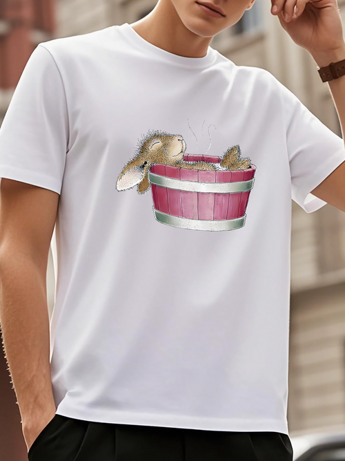 Men's Graphic T-Shirt Relaxing Bunny Laying Inside A Wooden Painted Pink Tub