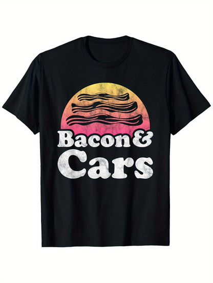 Men's Graphic T-Shirt Bacon And Cars Vintage Sunset With Striped Bacon Across Retro Background
