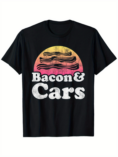 Men's Graphic T-Shirt Bacon And Cars Vintage Sunset With Striped Bacon Across Retro Background
