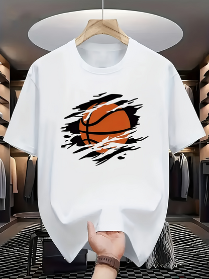 Men's Graphic T-Shirt Dynamic Black Brushstrokes With Splattered Orange Ripped Effect Basketball