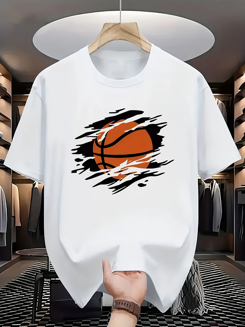 Men's Graphic T-Shirt Dynamic Black Brushstrokes With Splattered Orange Ripped Effect Basketball