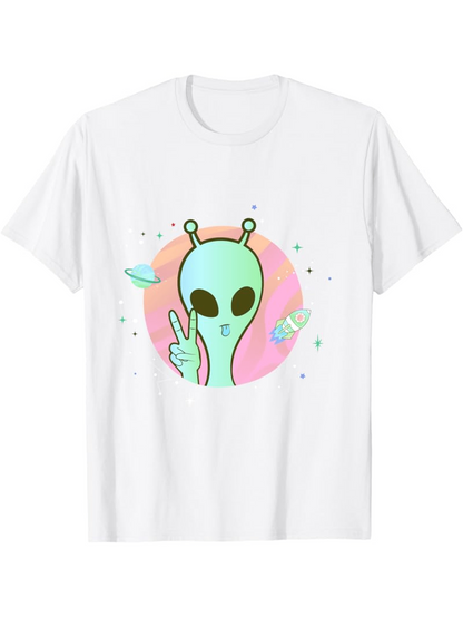 Men's Graphic T-Shirt Peaceful Neon Green Alien With Stars And Colorful Planets Surrounded By Pink Aura Alien