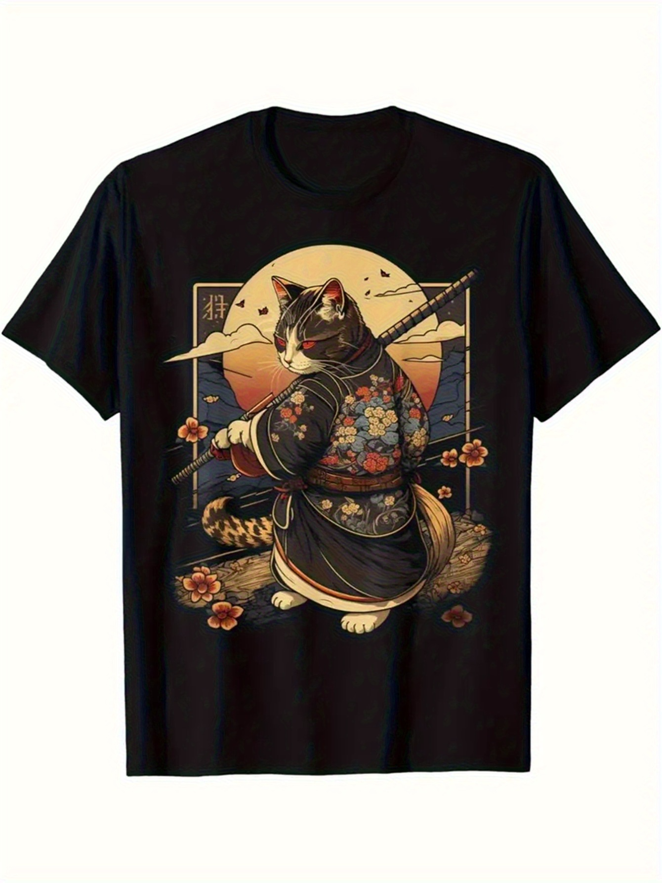 Men's Graphic T-Shirt Traditional Japanese Patterned Kimono Cat Among Blossoms Under Sunset