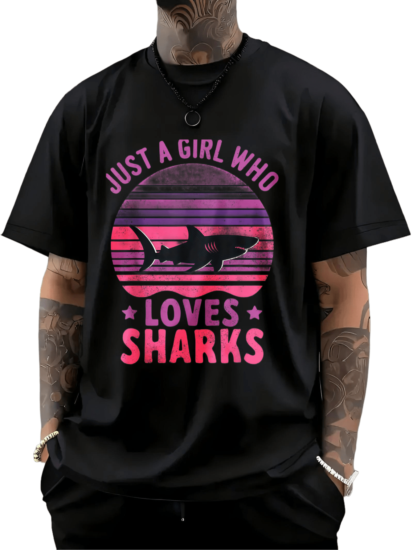 Men's Graphic T-Shirt Just A Girl Who Loves Sharks Vibrant Sunset Stripes With Silhouette Shark