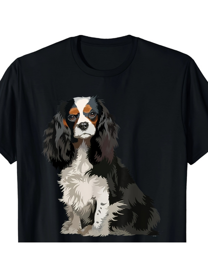 Men's Graphic T-Shirt Hand Painted Artistic Fluffy Puppy Sitting On Black Shirt Dog
