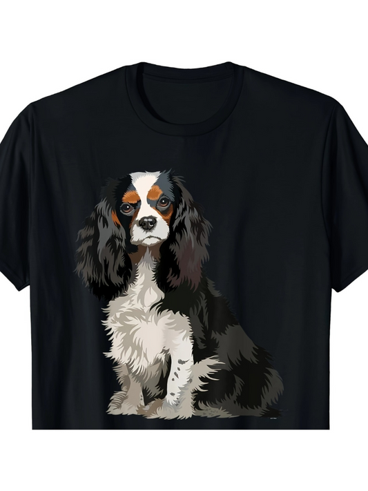 Men's Graphic T-Shirt Hand Painted Artistic Fluffy Puppy Sitting On Black Shirt Dog