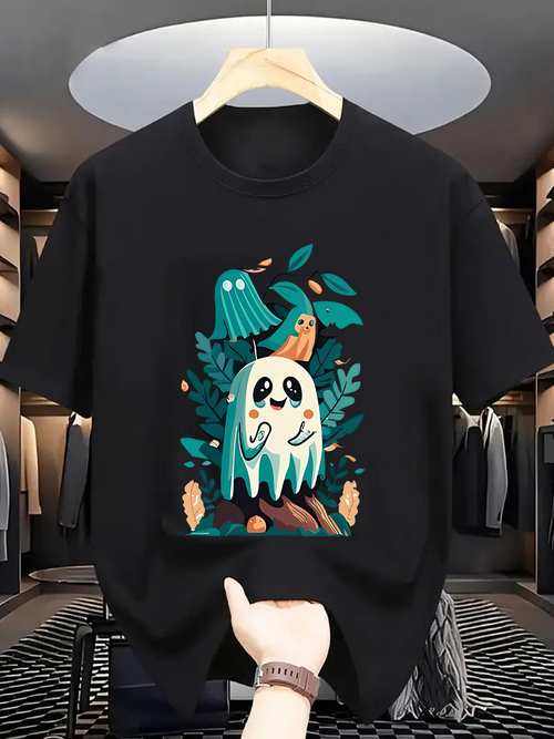 Men's Graphic T-Shirt Playful Forest Spirits Among Green Leaves With Cartoon Ghost