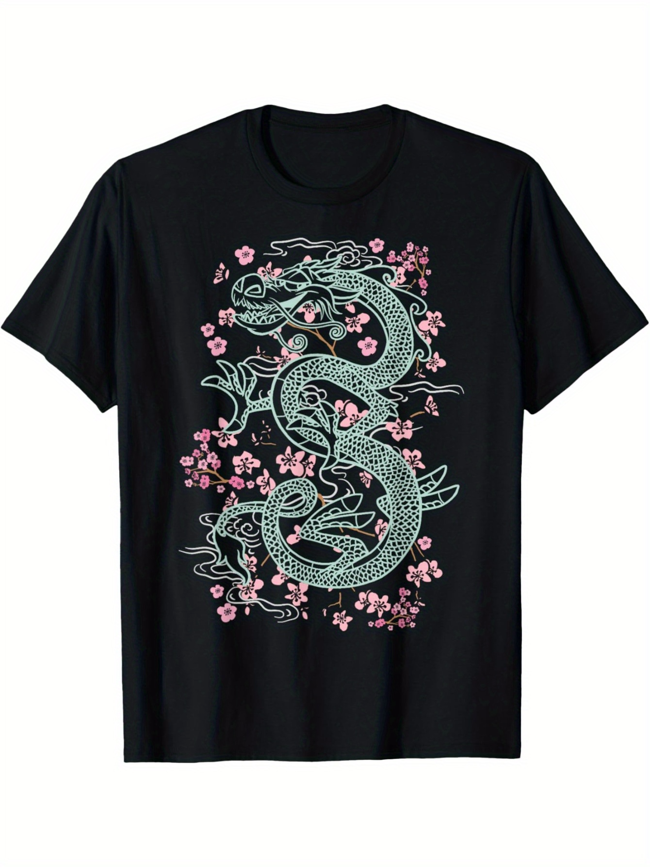 Men's Graphic T-Shirt Floral Cherry Blossoms With Swirling Ornamental Jade Dragon