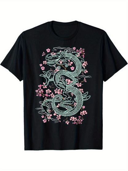 Men's Graphic T-Shirt Floral Cherry Blossoms With Swirling Ornamental Jade Dragon