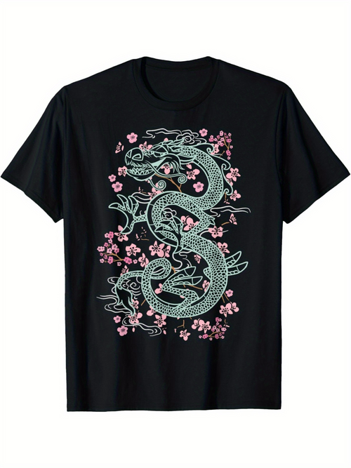 Men's Graphic T-Shirt Floral Cherry Blossoms With Swirling Ornamental Jade Dragon
