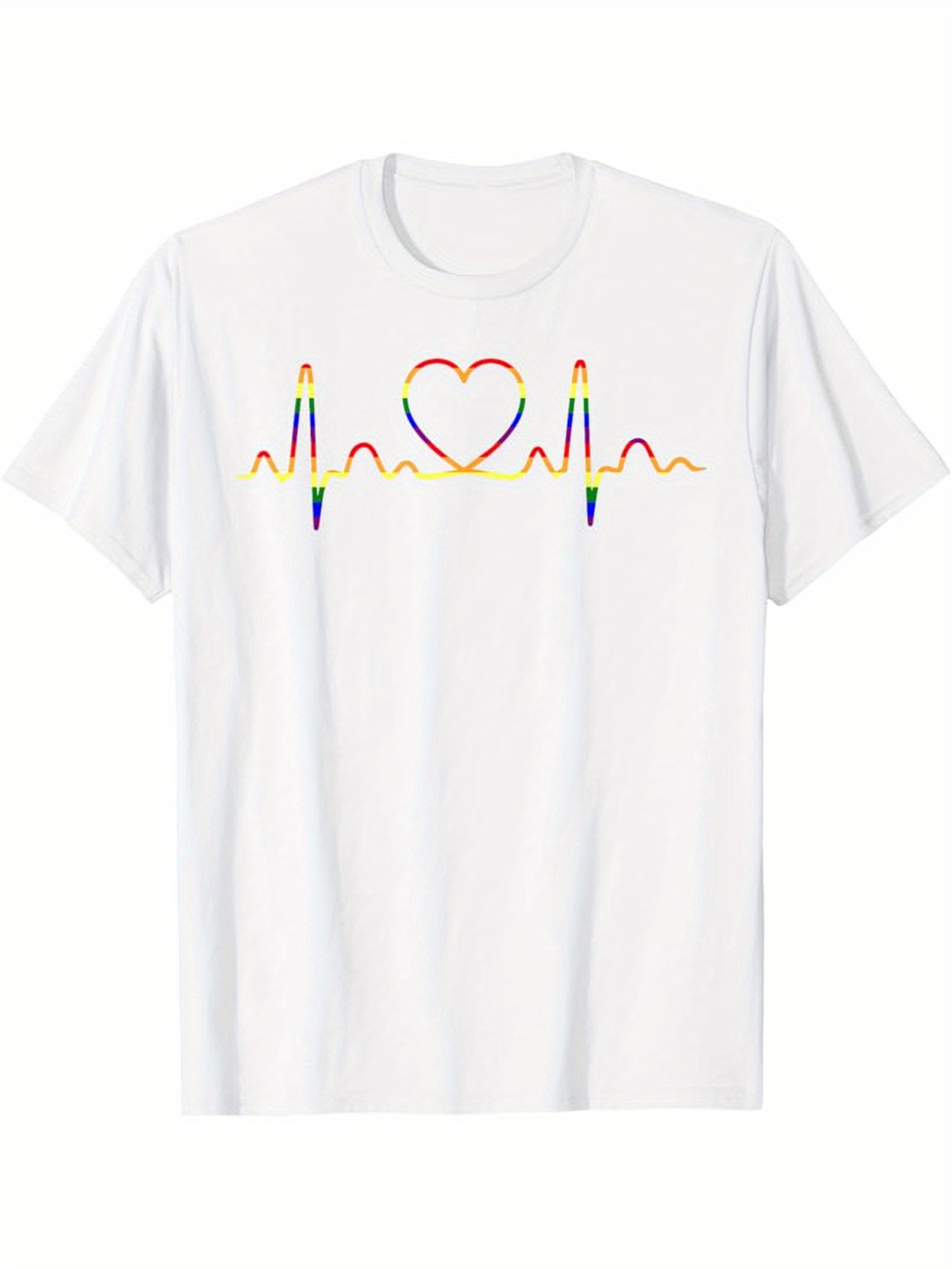 Men's Graphic T-Shirt Rainbow Line Pattern With Heart And Colorful Pulse Graphic
